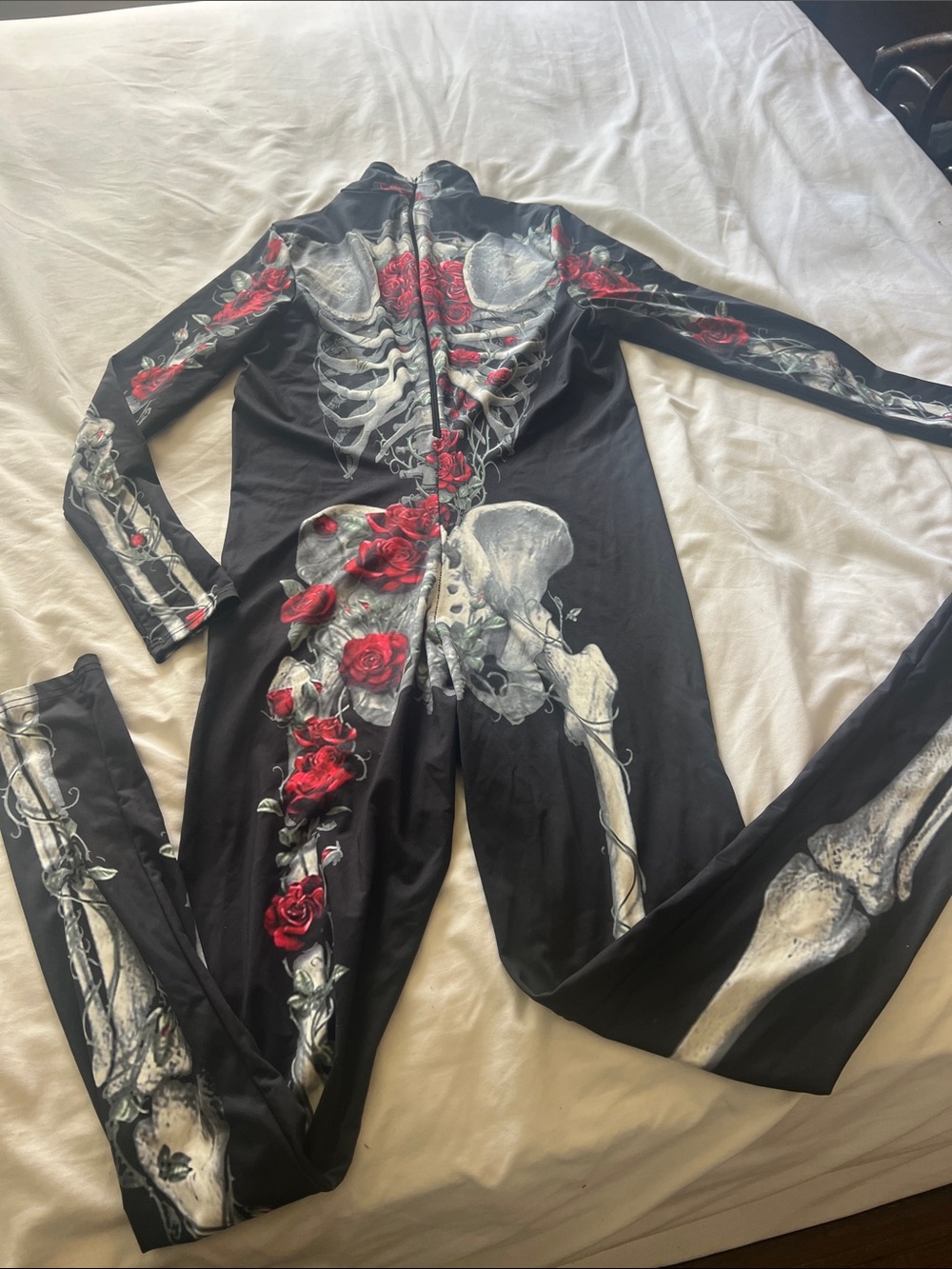 Black Skeleton & Red Rose Print Long-Sleeve Jumpsuit
